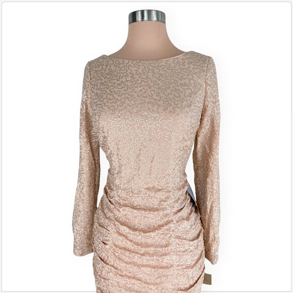 Aidan Mattox Nude Gold Sequin Long Sleeve Ruched Dress Evening Party NWT New 8 - Picture 3 of 5